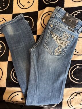 Miss Me Light Blue Boot Cut Jeans with Wing Embroidery